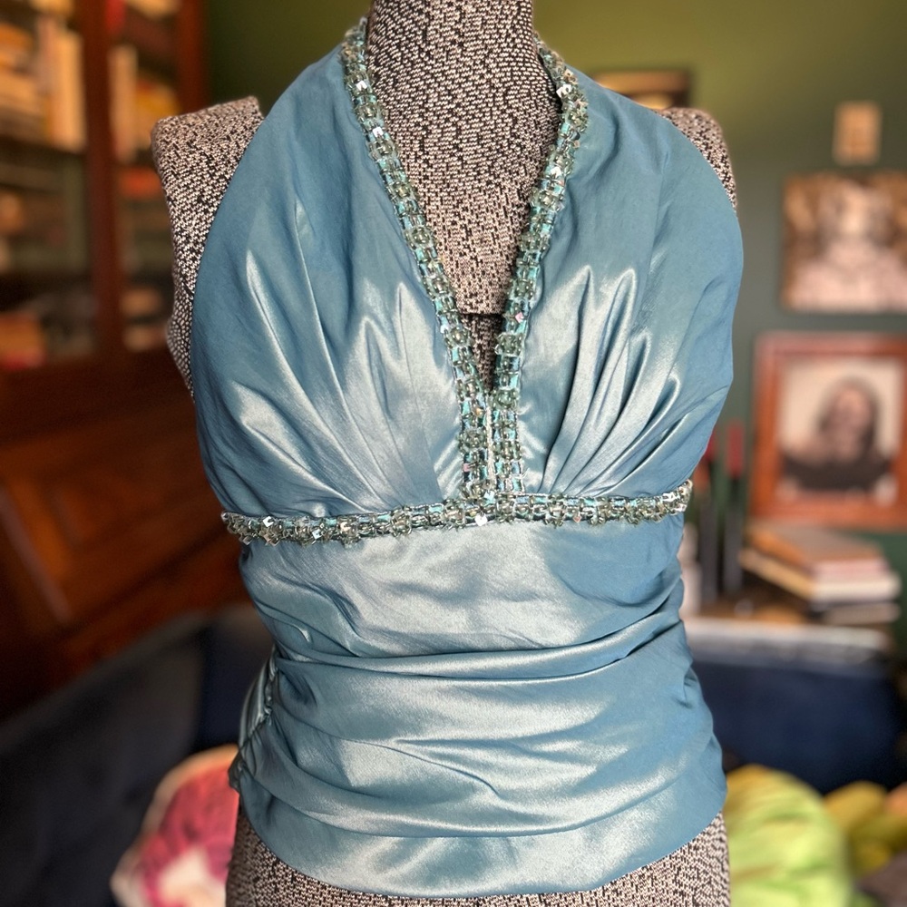 Cache Teal Beaded Halter Blouse